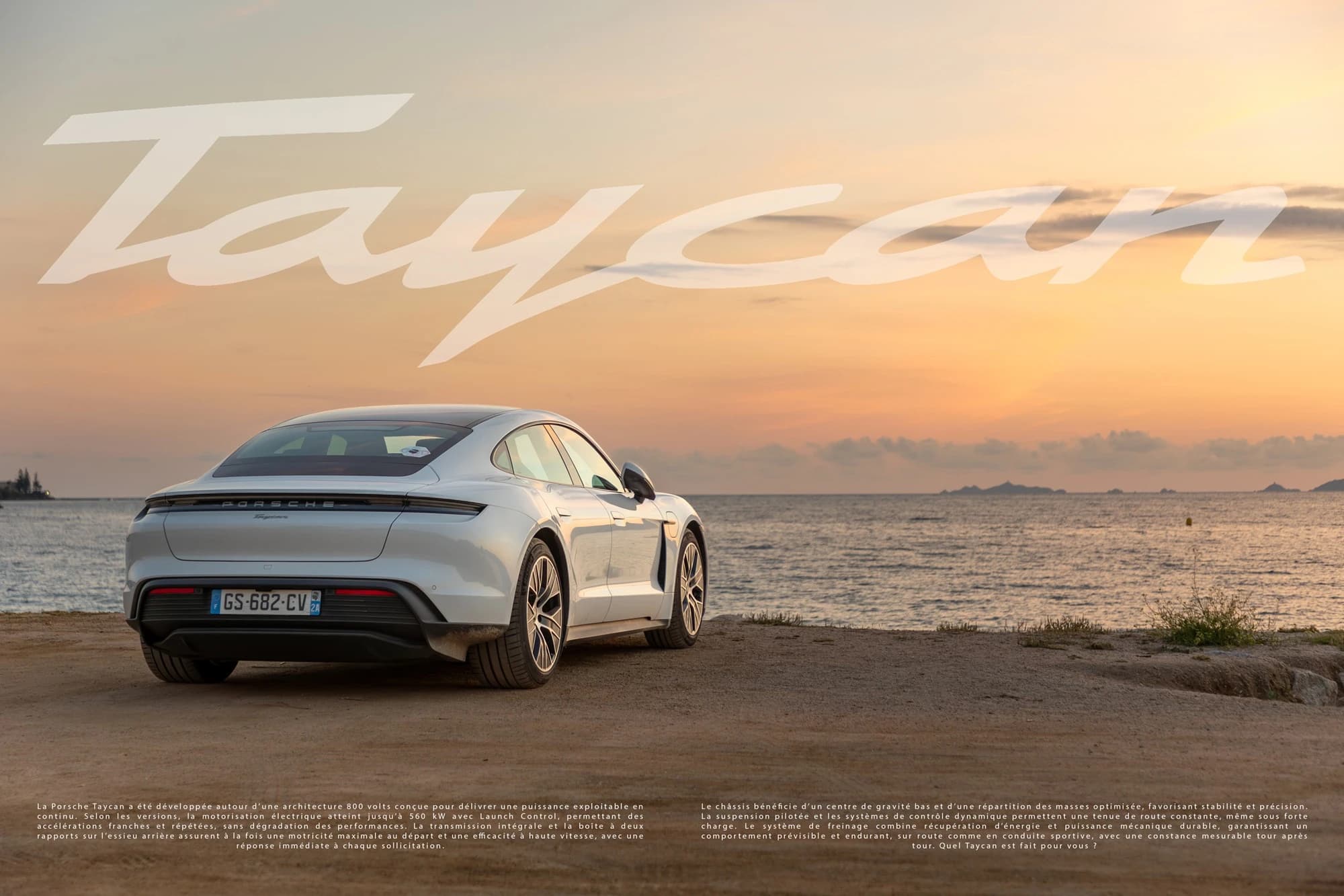 Mise en avant de la mobilité électrique avec la Porsche Taycan, shooting photo automobile publicitaire.